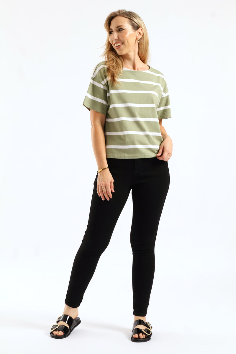 Eyelet Side Seam Detail Wide Stripe Boxy Tee - Green/White