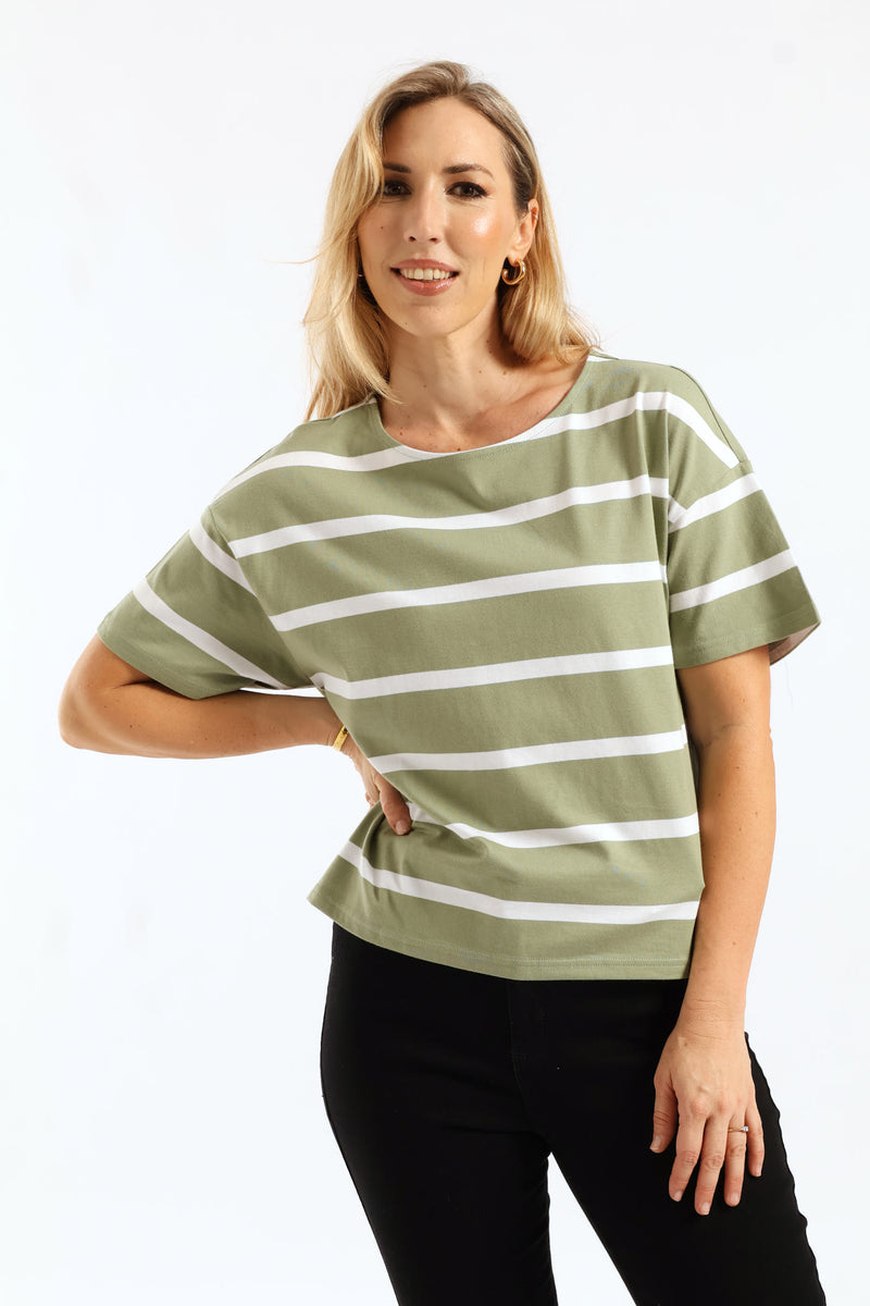 Eyelet Side Seam Detail Wide Stripe Boxy Tee - Green/White