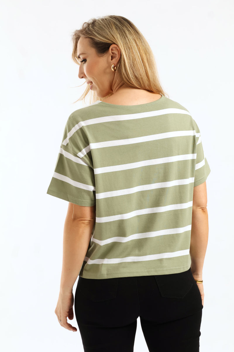 Eyelet Side Seam Detail Wide Stripe Boxy Tee - Green/White