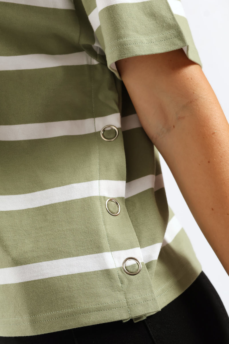 Eyelet Side Seam Detail Wide Stripe Boxy Tee - Green/White