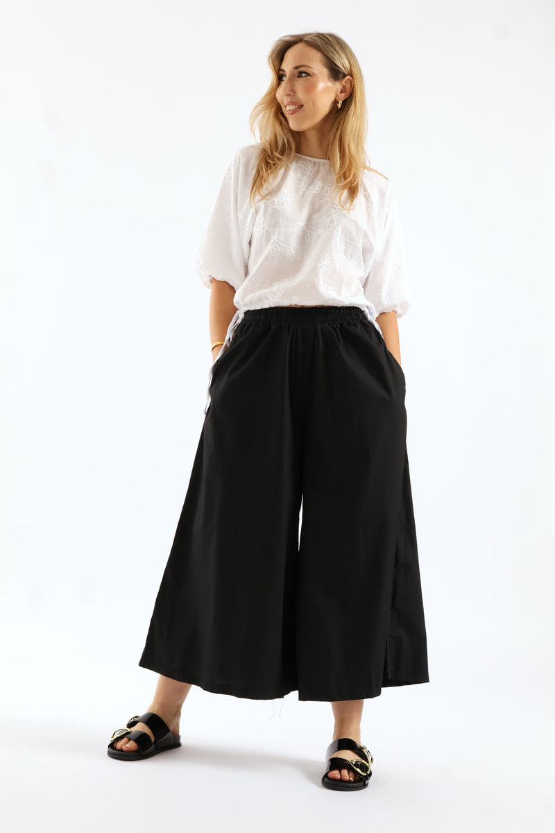 Poplin Wideleg Culotte Pants - Black