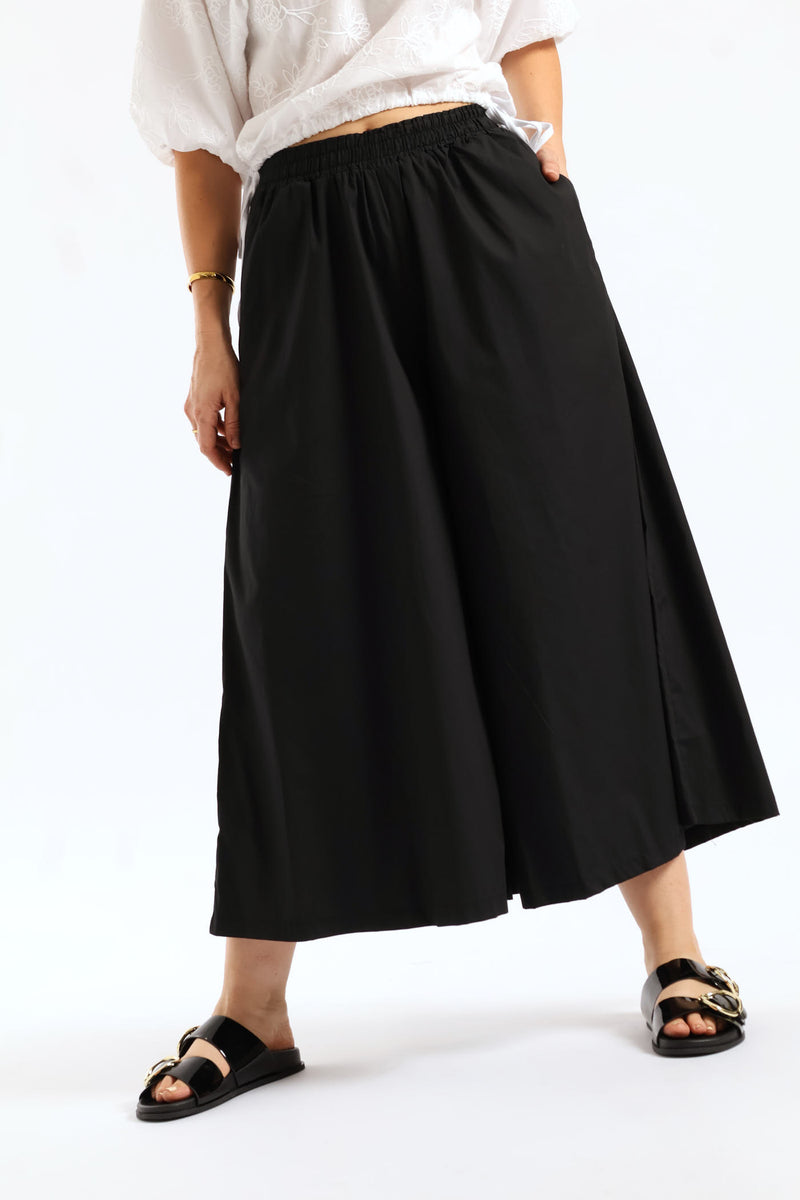 Poplin Wideleg Culotte Pants - Black