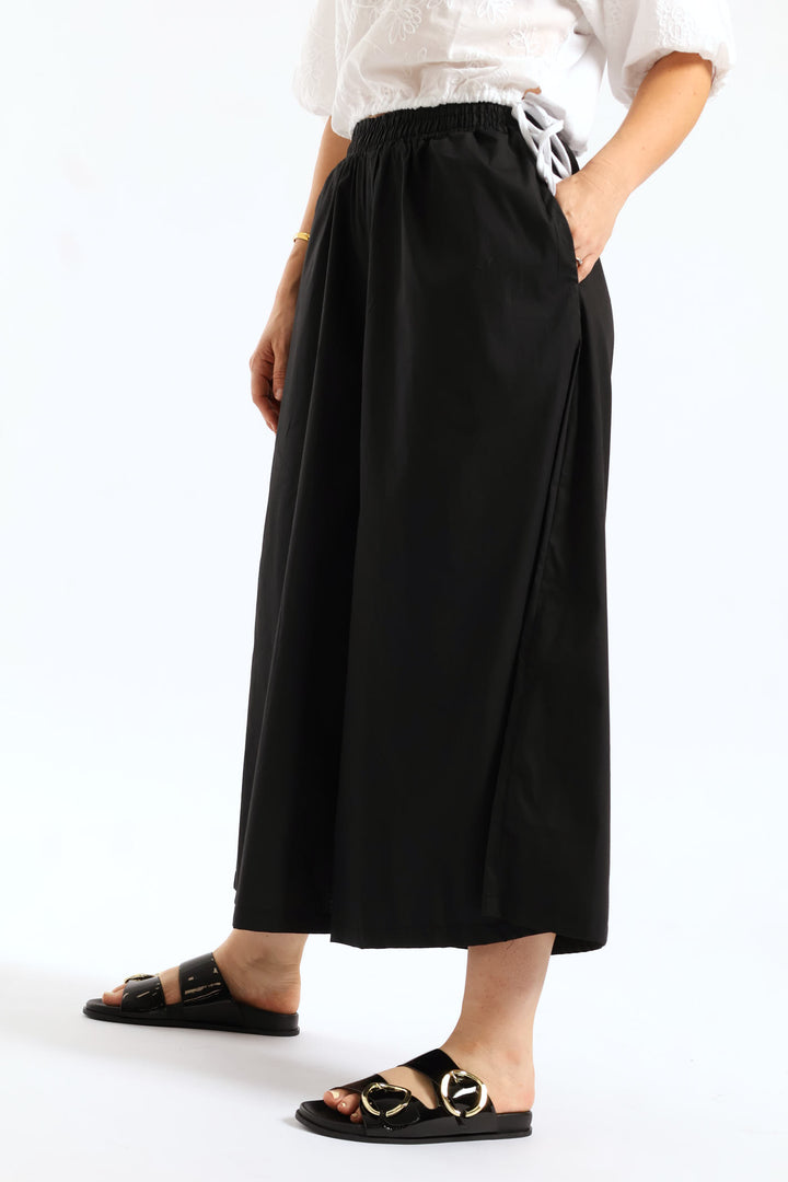 Poplin Wideleg Culotte Pants - Black