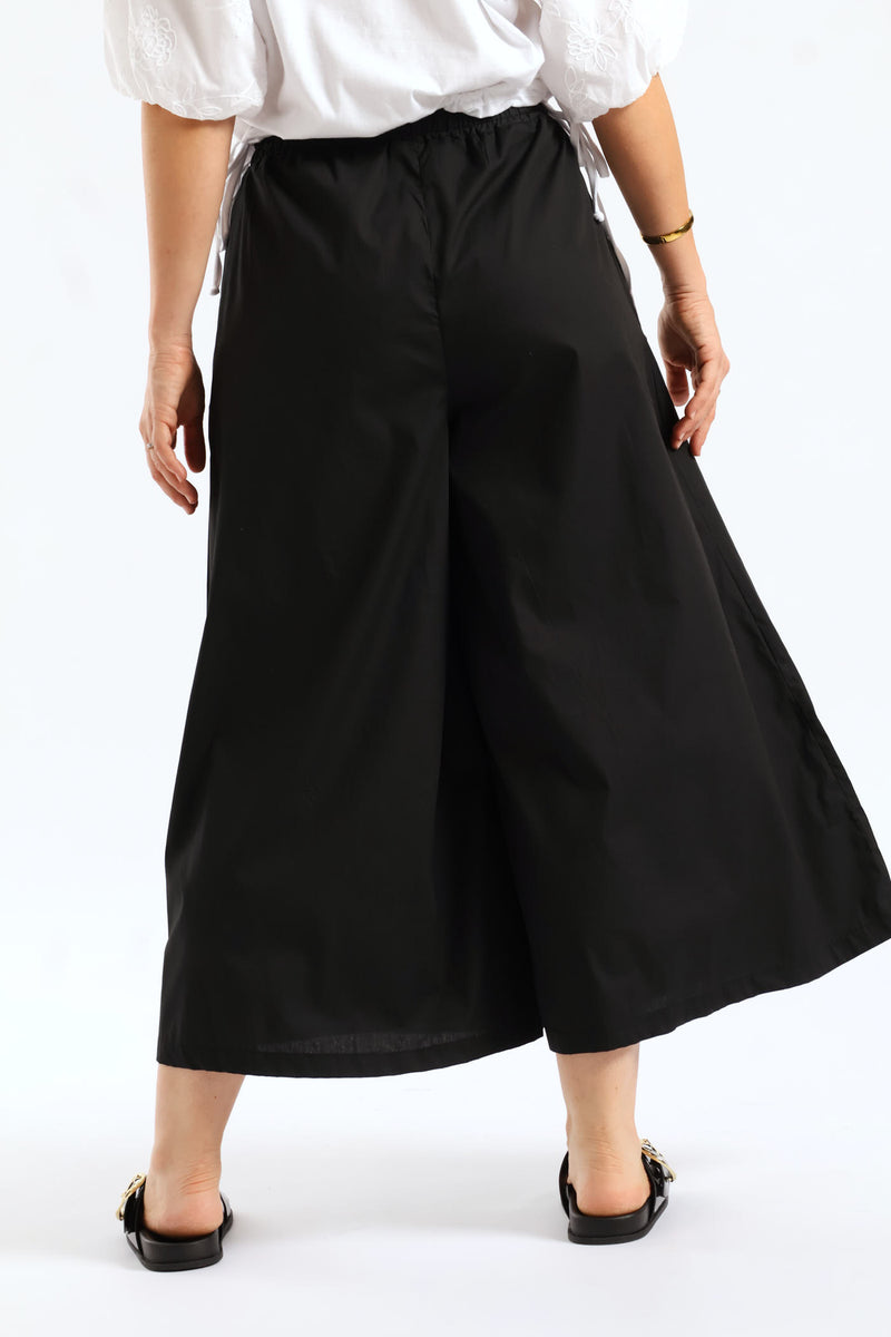 Poplin Wideleg Culotte Pants - Black