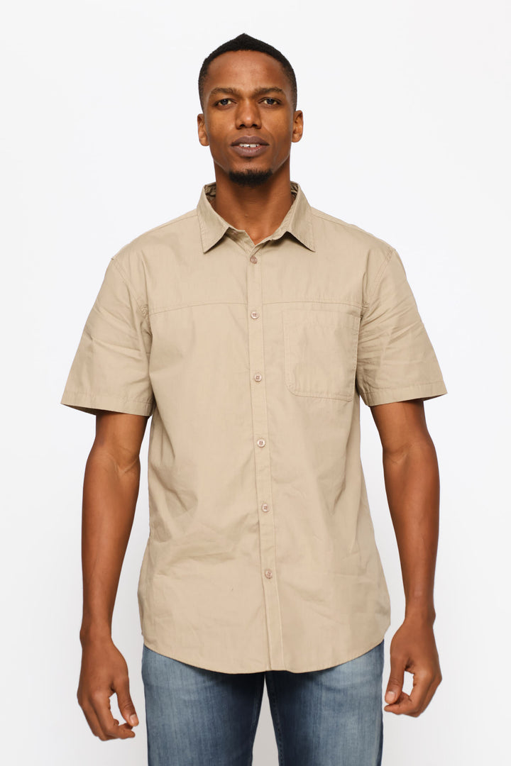 Short Sleeve Panel Poplin Shirt - Taupe