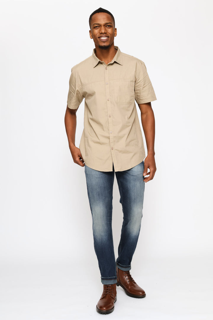 Short Sleeve Panel Poplin Shirt - Taupe