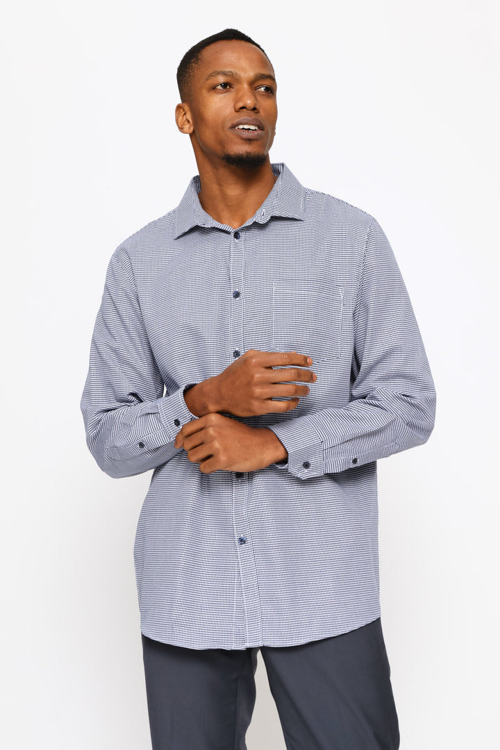 Long Sleeve Regular Mini Houndstooth Textured Shirt - White/Navy