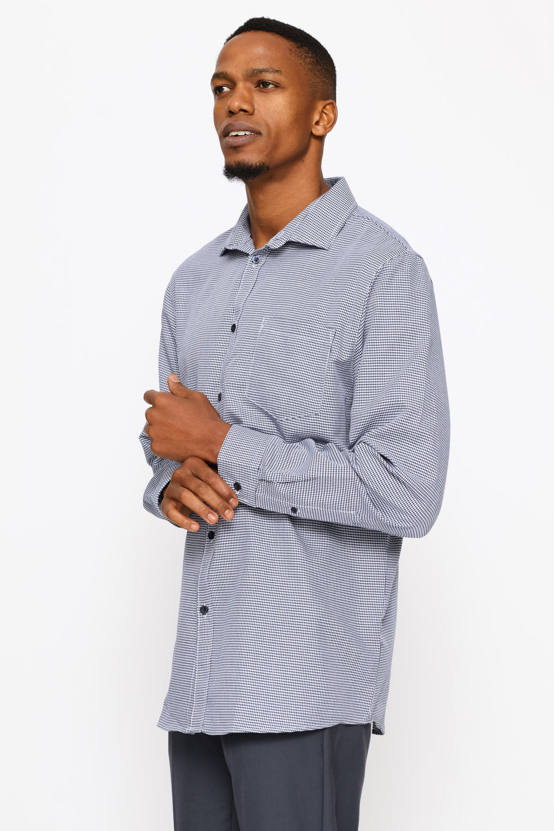 Long Sleeve Regular Mini Houndstooth Textured Shirt - White/Navy