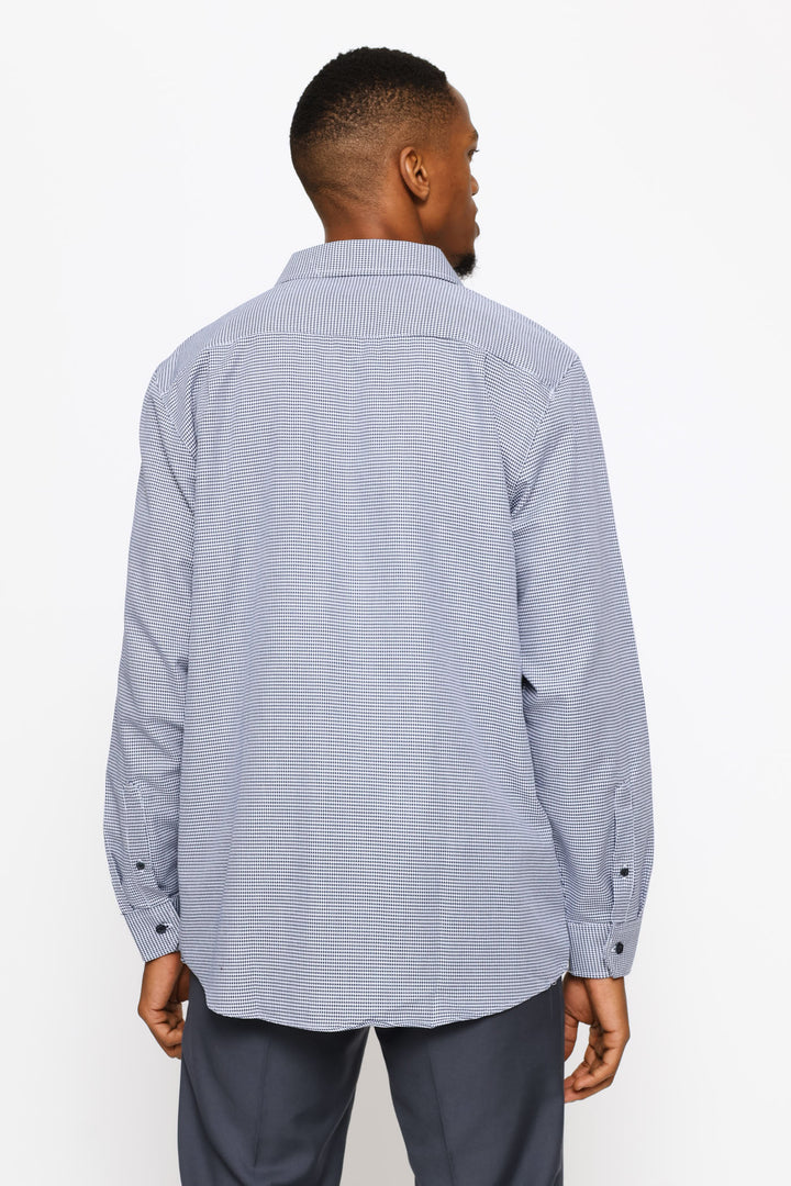 Long Sleeve Regular Mini Houndstooth Textured Shirt - White/Navy