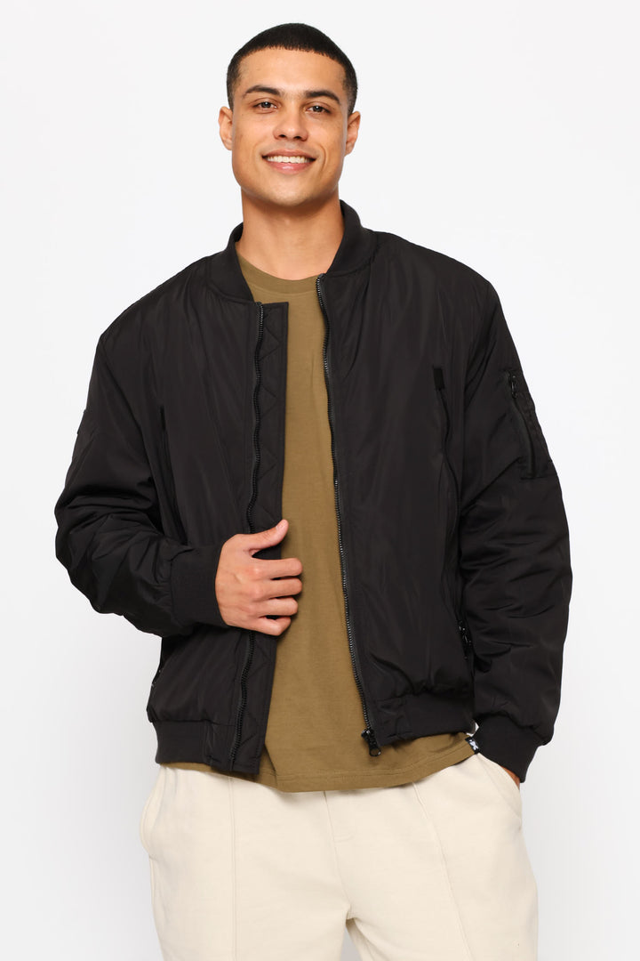 Basic Longer Zip Bomber Jacket - Black