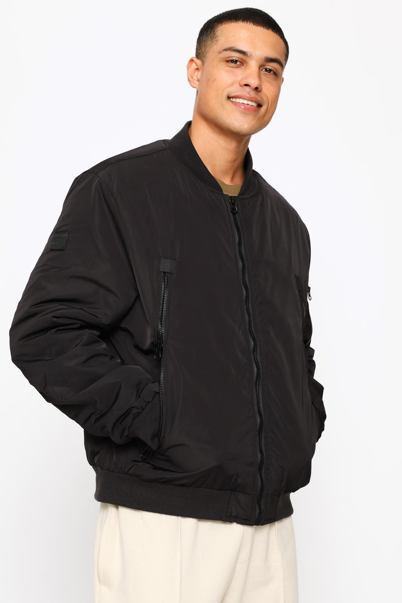 Basic Longer Zip Bomber Jacket - Black