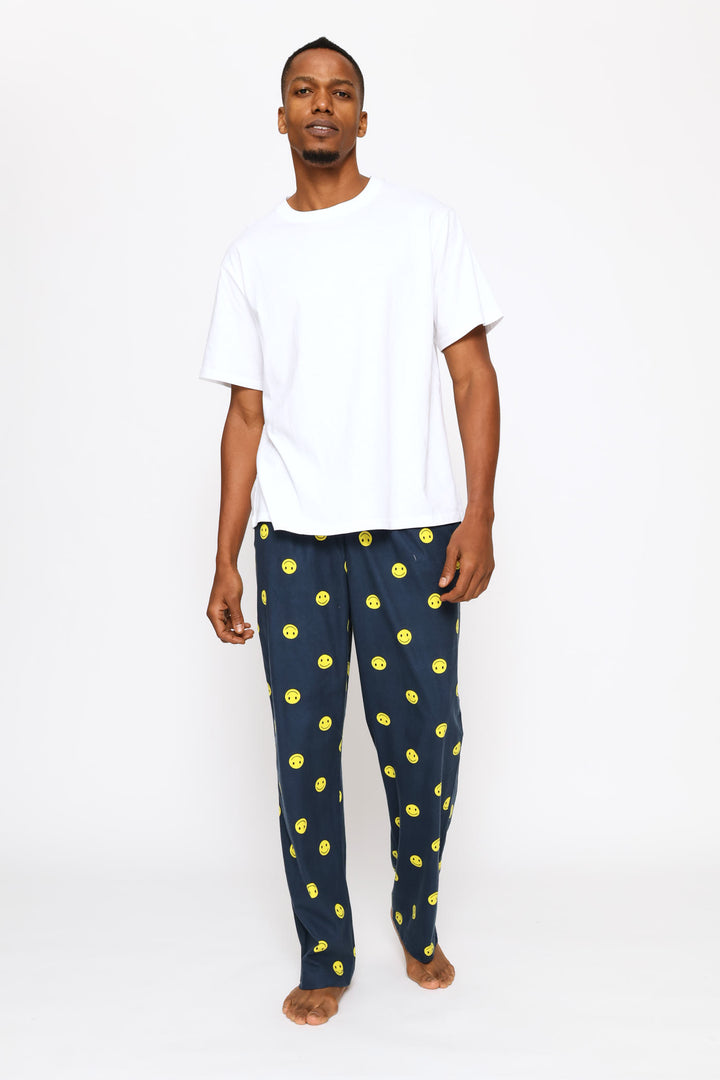 Smiley Print Butter Fleece Pants - Navy