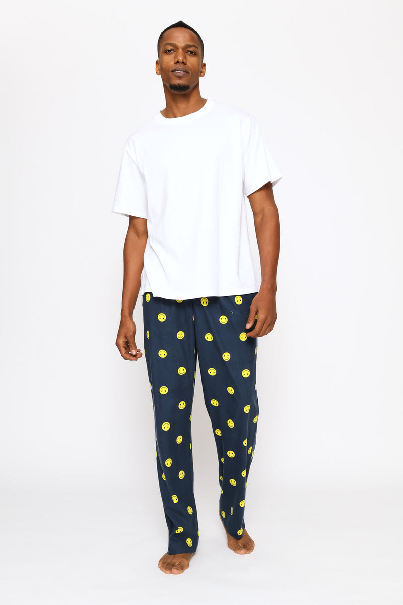Smiley Print Butter Fleece Pants - Navy