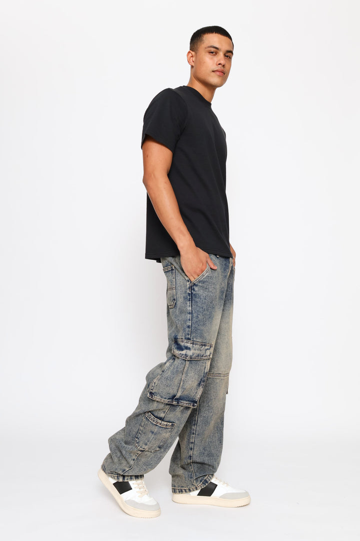 Multi Pocket Baggy Cargo Denim - Blue Acid Wash