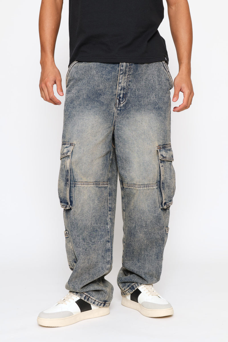 Multi Pocket Baggy Cargo Denim - Blue Acid Wash
