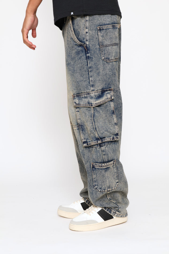 Multi Pocket Baggy Cargo Denim - Blue Acid Wash