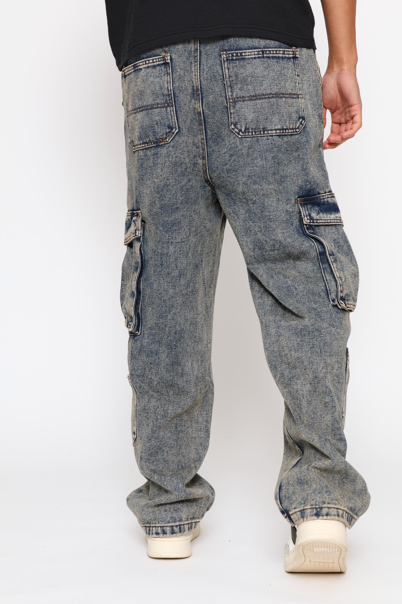 Mens Multi Pocket Baggy Cargo Denim - Blue Acid Wash – Edgars