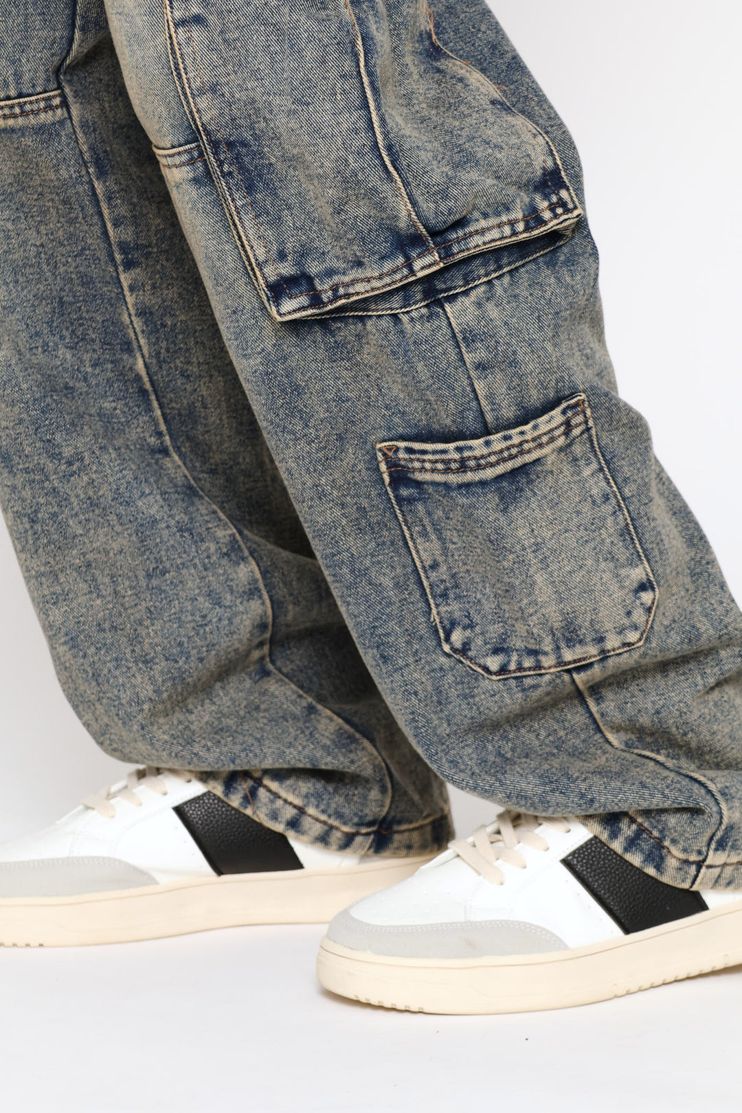 Multi Pocket Baggy Cargo Denim - Blue Acid Wash
