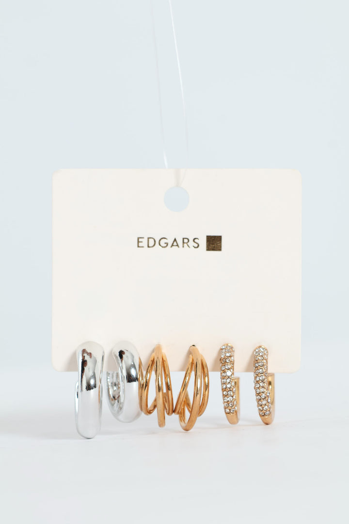 3 Pack Mixed Metals Hoop Earrings