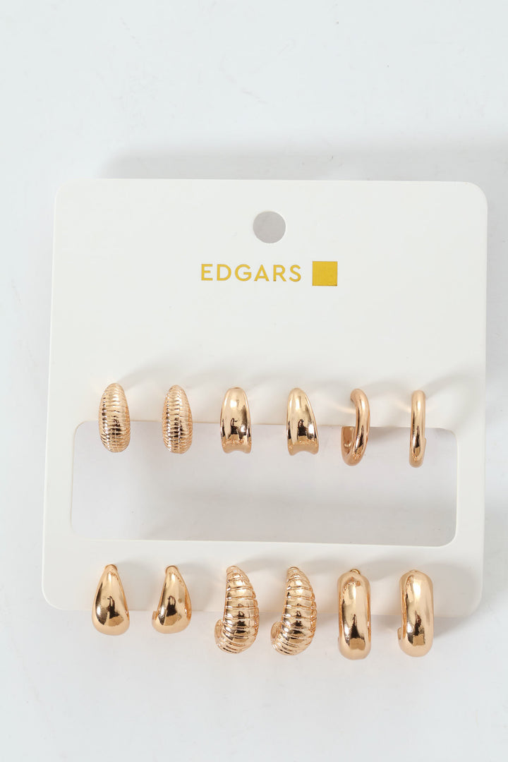 6 Pack Text Hoop Earrings - Gold