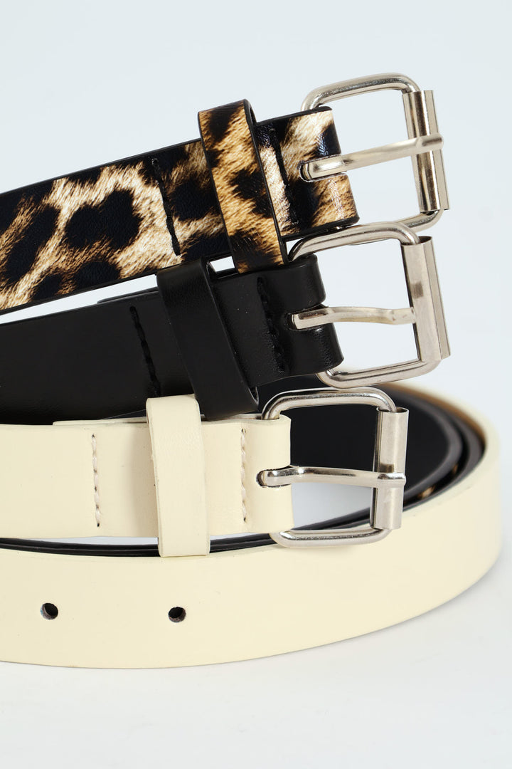 Girls 3 Pack Leopard Print Belt - Cream