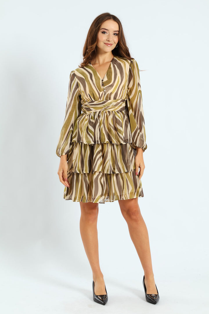 V-Neck Elasticated Waist Tiered Tea Dress - Green