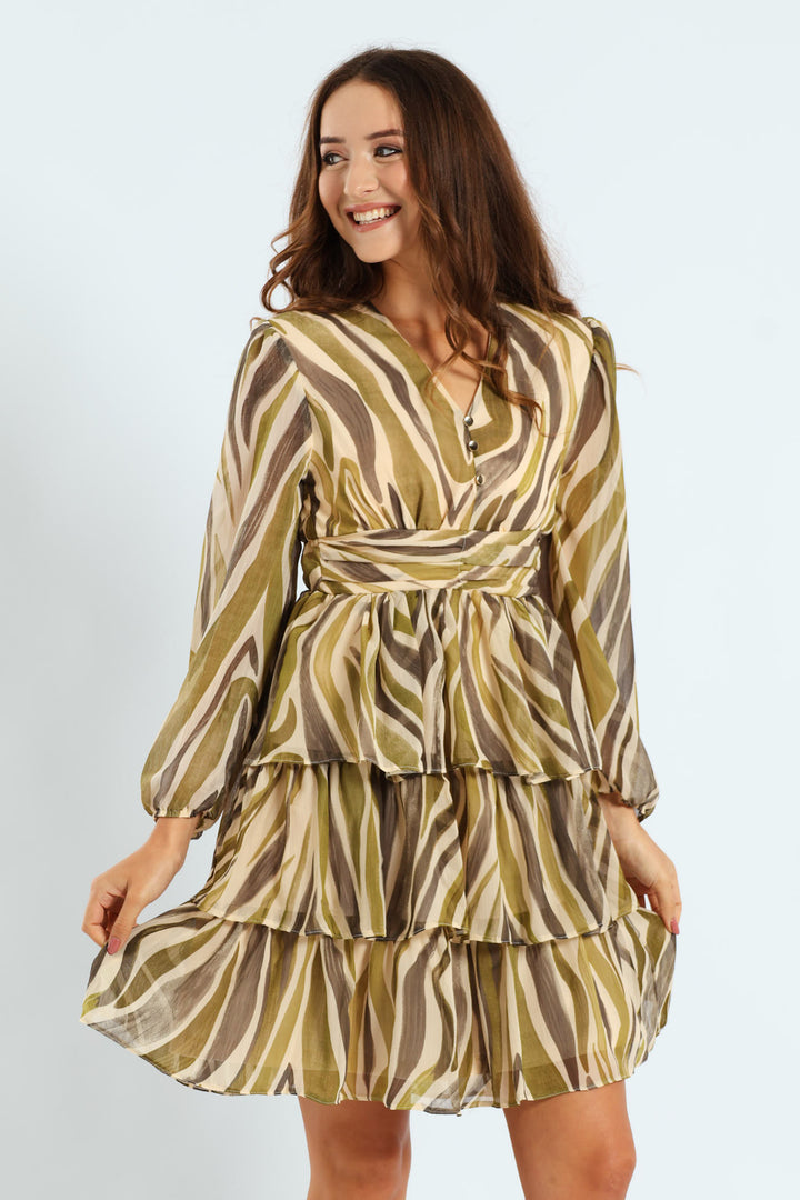 V-Neck Elasticated Waist Tiered Tea Dress - Green