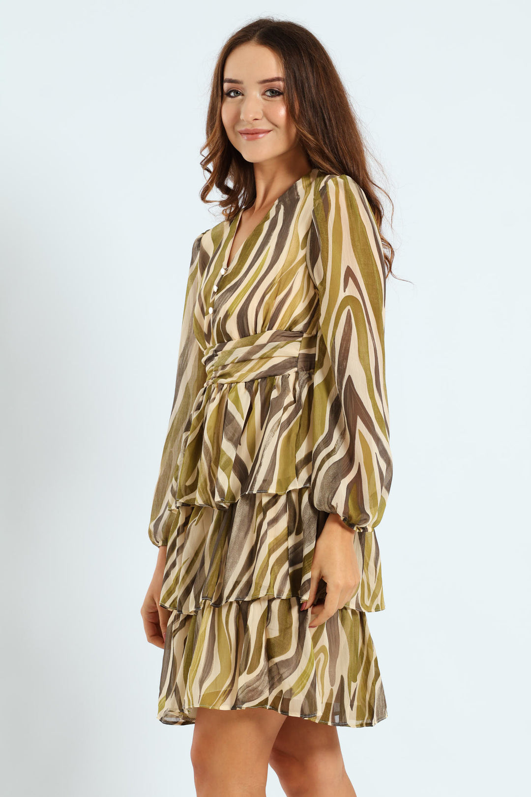 V-Neck Elasticated Waist Tiered Tea Dress - Green