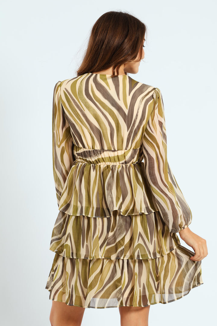 V-Neck Elasticated Waist Tiered Tea Dress - Green