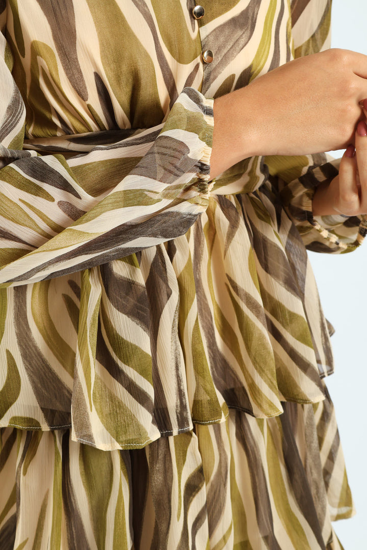 V-Neck Elasticated Waist Tiered Tea Dress - Green