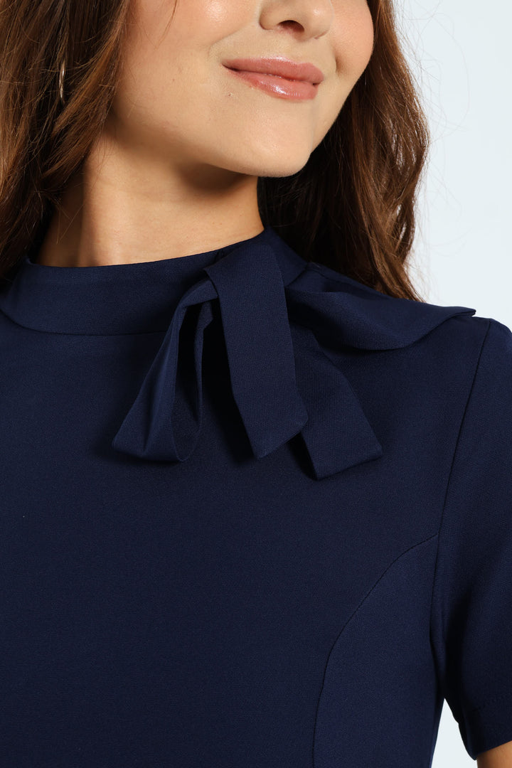 Kitty Bow Pencil Dress - Navy