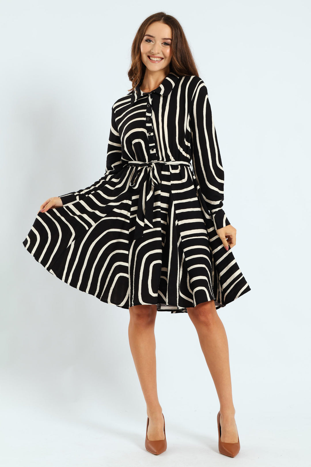 Abstract Button Through Godet Tea Dress - Black/Cream