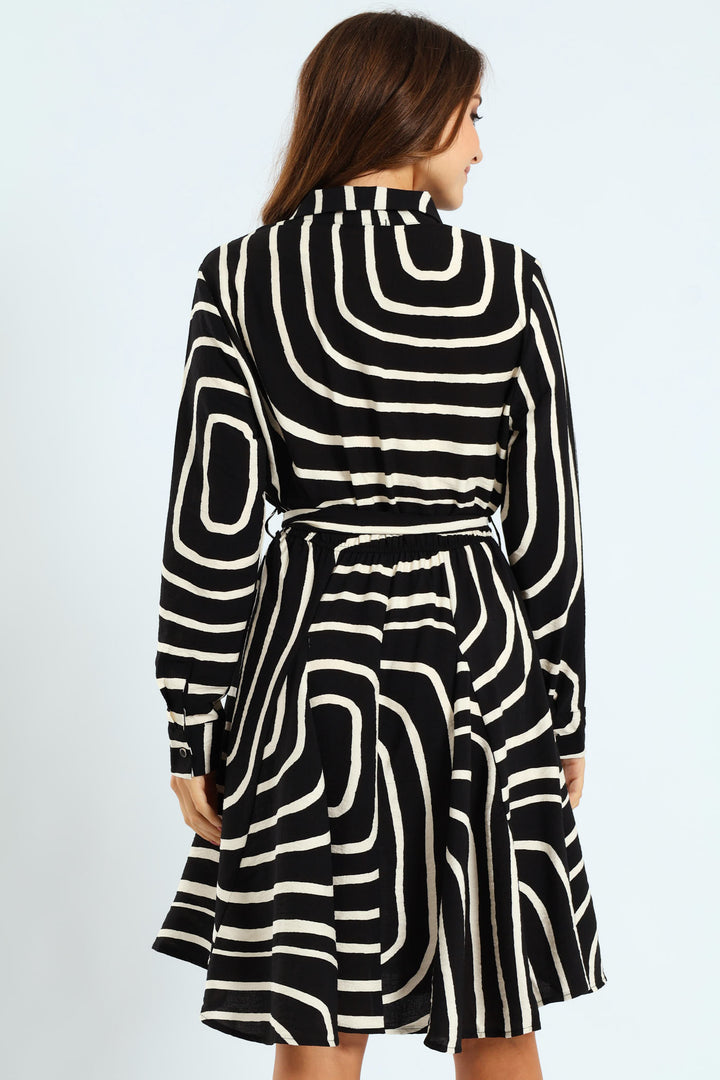 Abstract Button Through Godet Tea Dress - Black/Cream