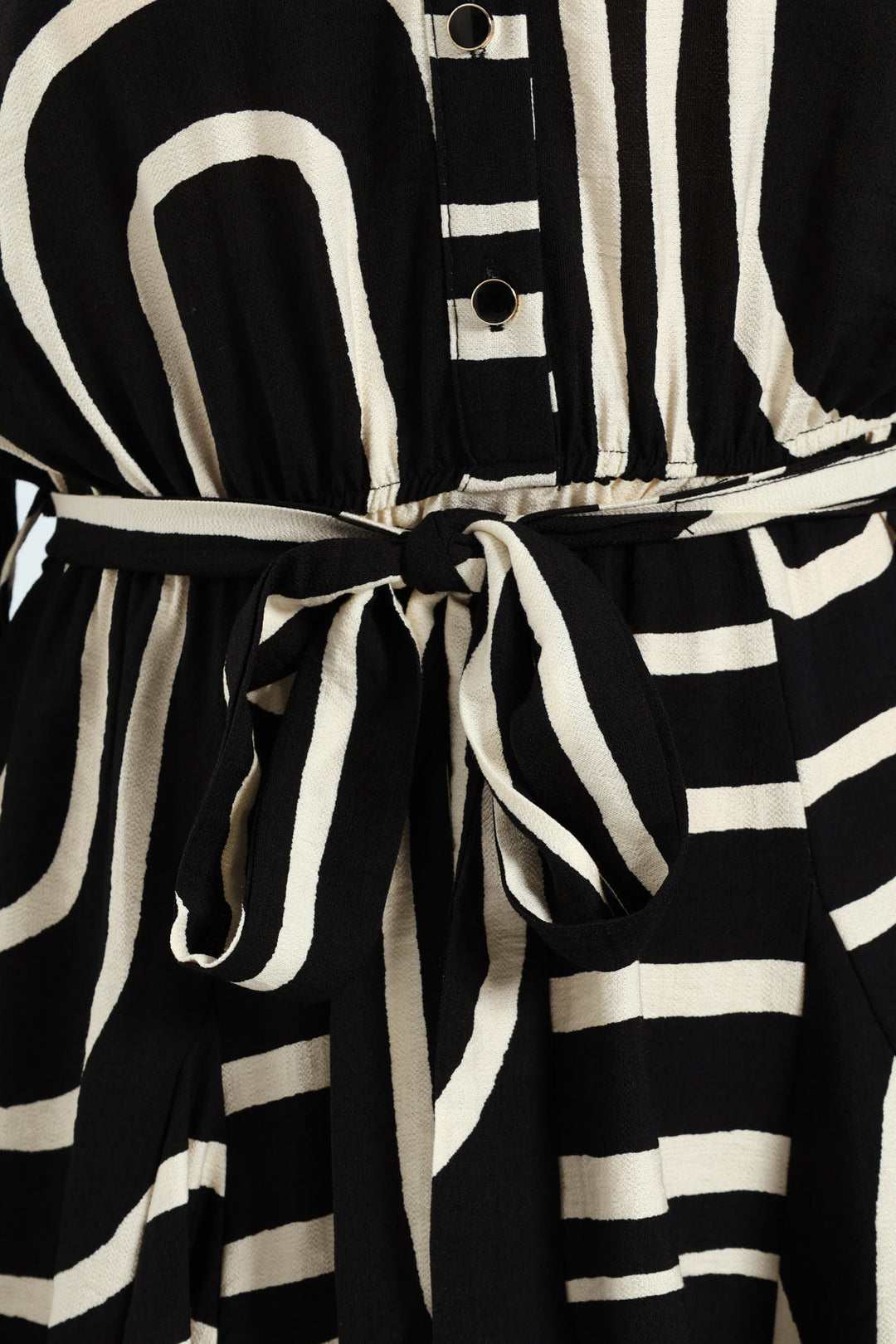 Abstract Button Through Godet Tea Dress - Black/Cream