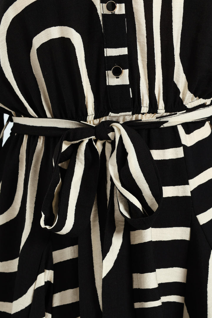 Abstract Button Through Godet Tea Dress - Black/Cream