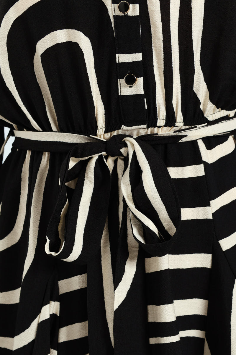 Abstract Button Through Godet Tea Dress - Black/Cream