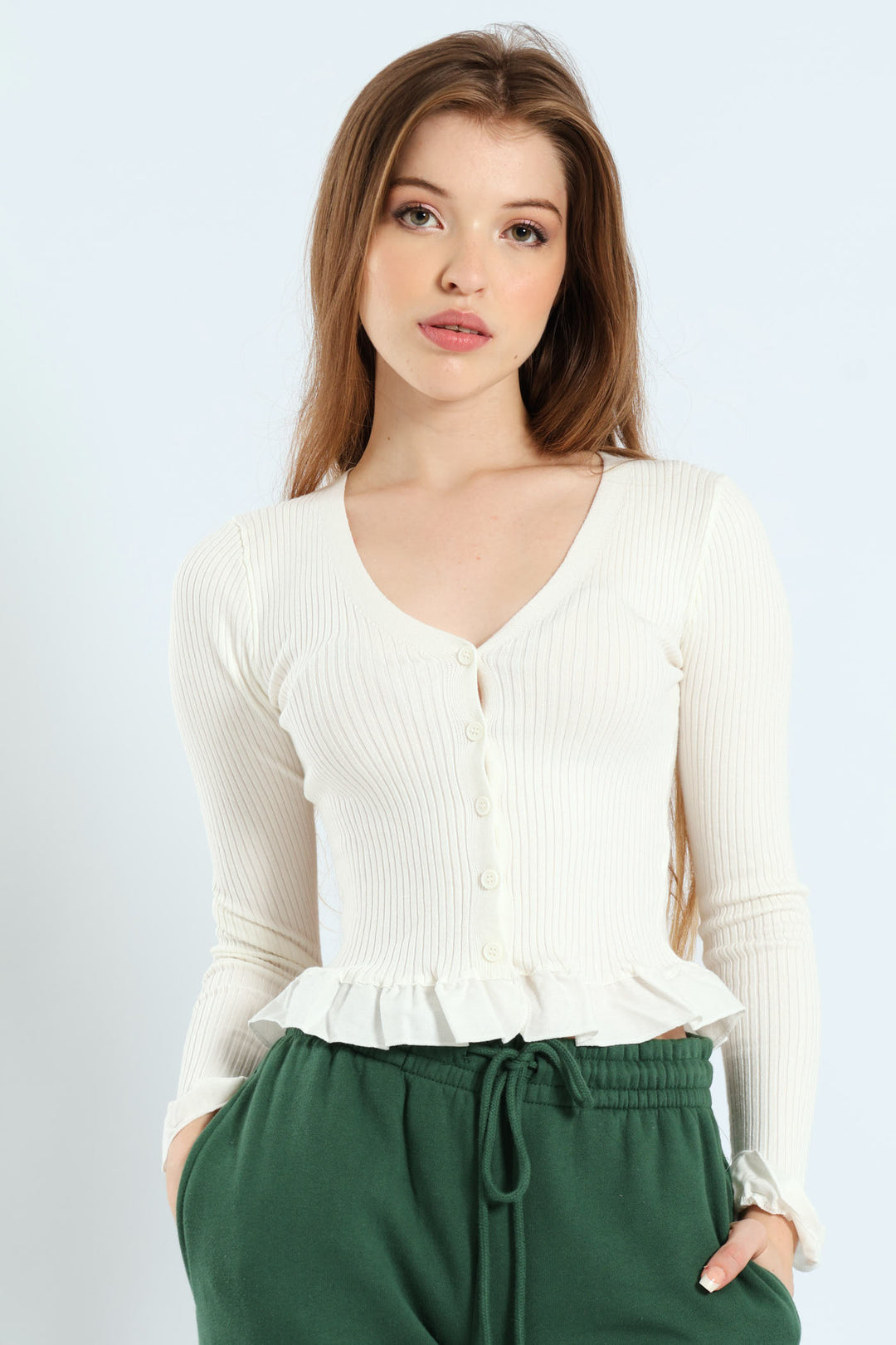 Ruffle Trim Cropped Cardigan Sweater - Vanilla