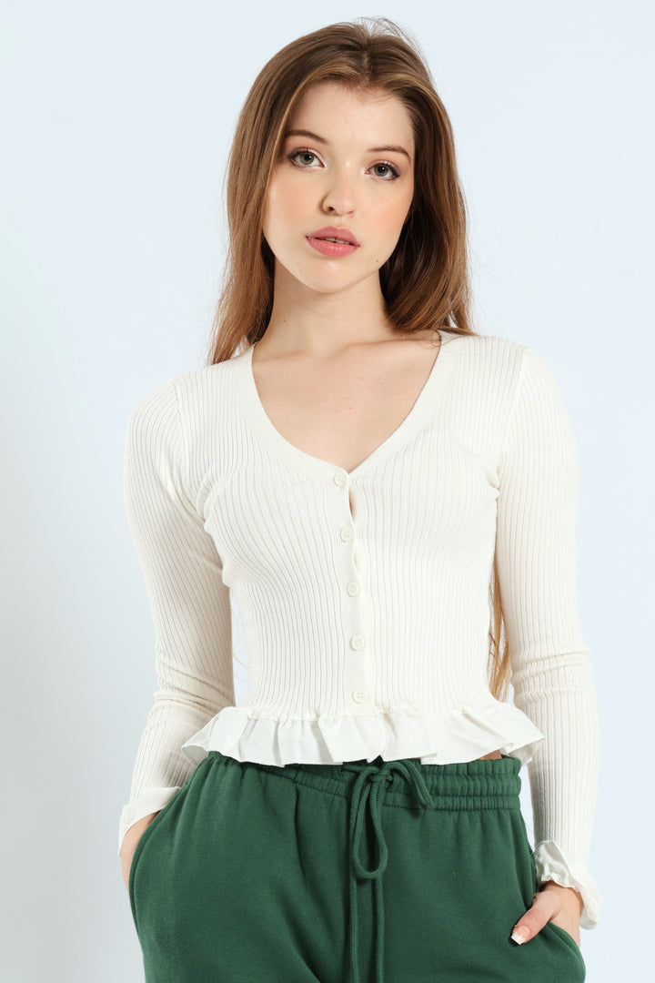Ruffle Trim Cropped Cardigan Sweater - Vanilla