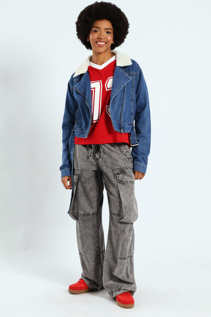 Belted Sherpa Biker Jacket - Mid Blue