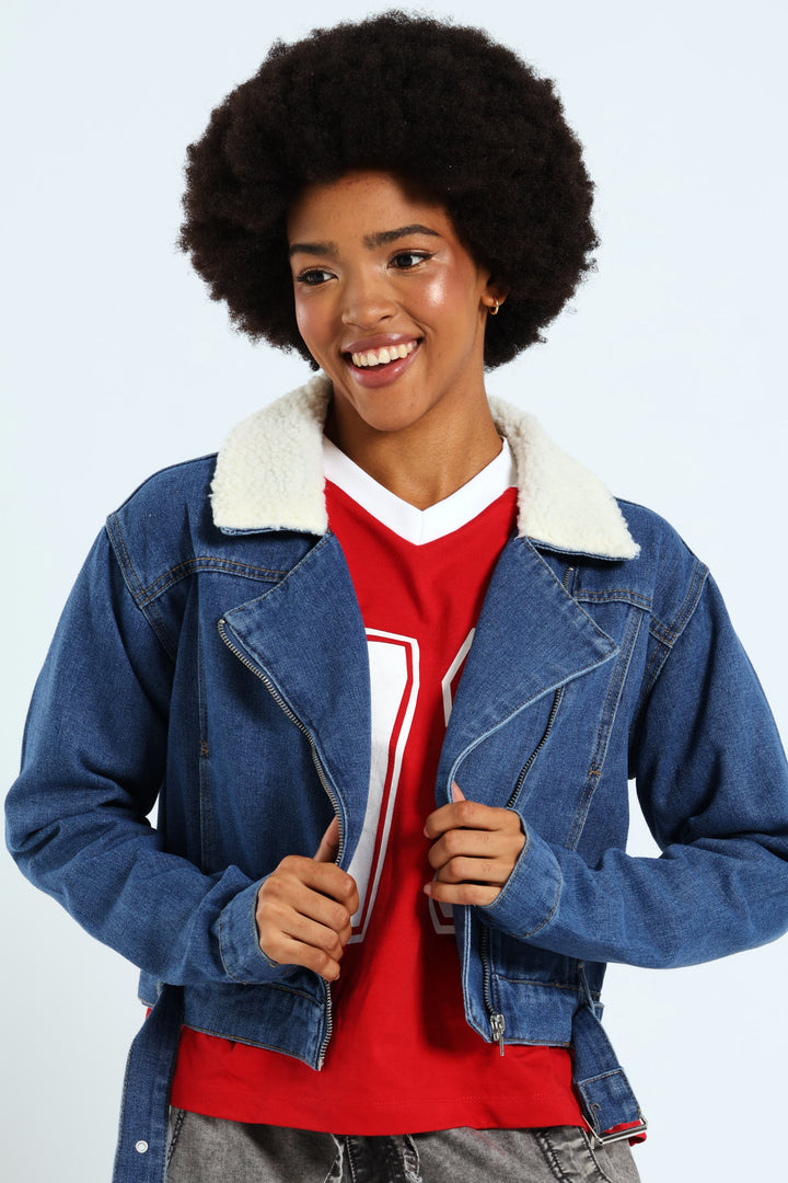 Belted Sherpa Biker Jacket - Mid Blue