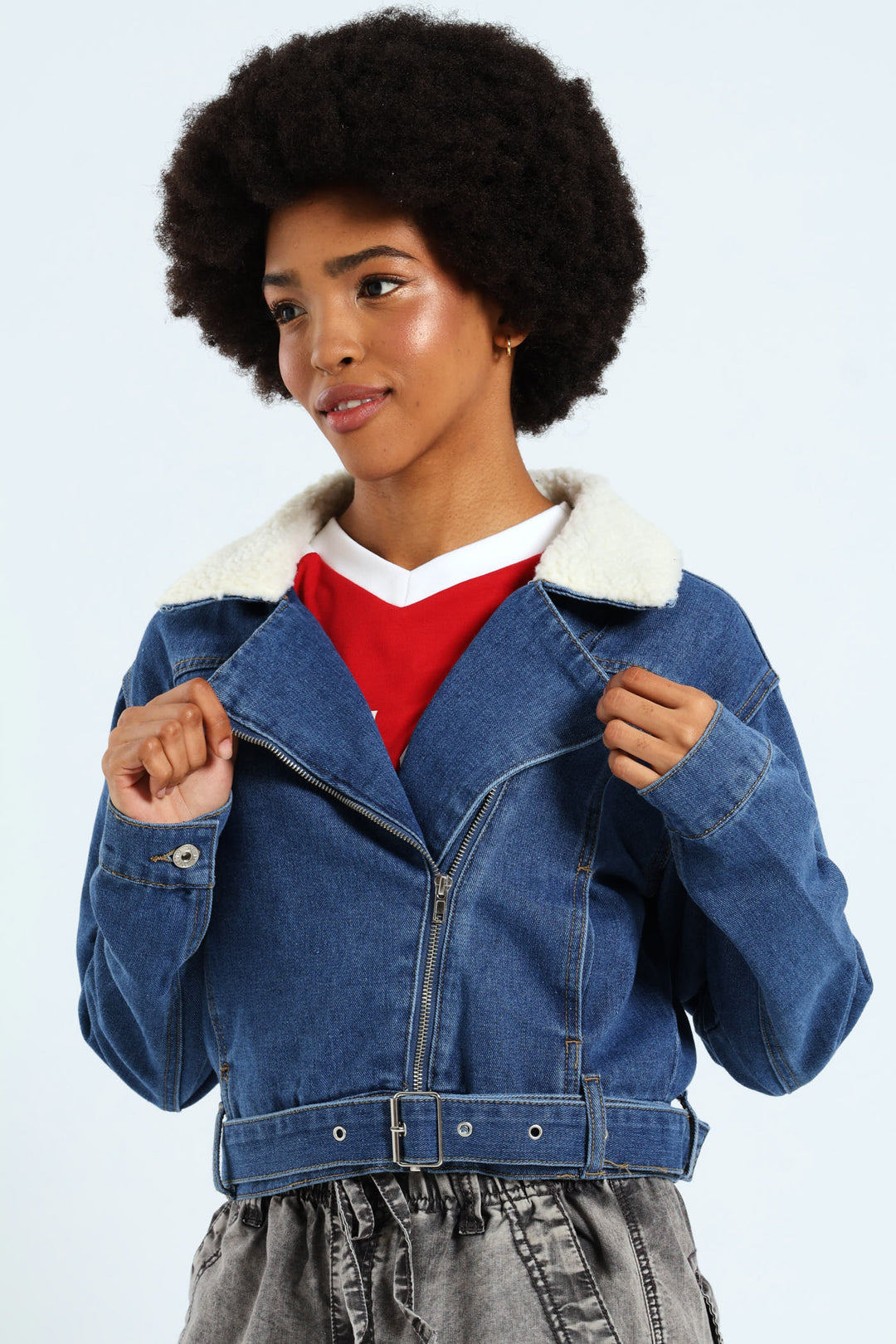 Belted Sherpa Biker Jacket - Mid Blue