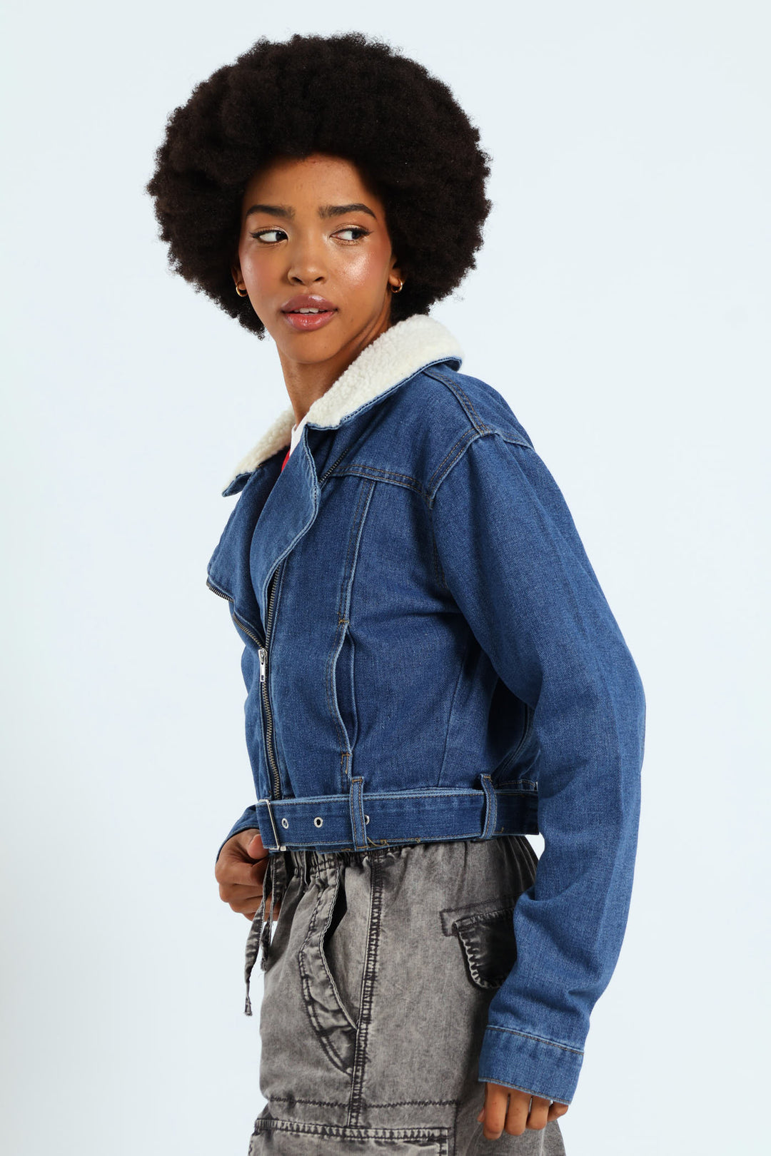 Belted Sherpa Biker Jacket - Mid Blue
