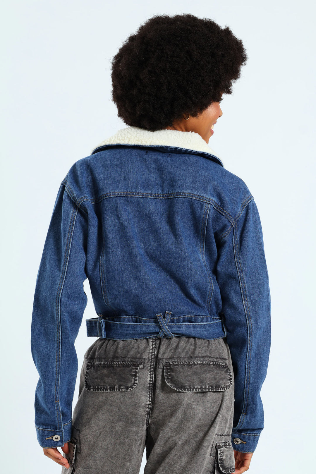 Belted Sherpa Biker Jacket - Mid Blue