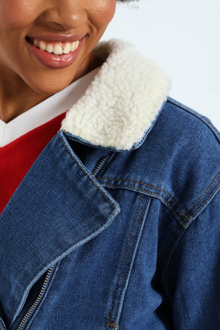 Belted Sherpa Biker Jacket - Mid Blue