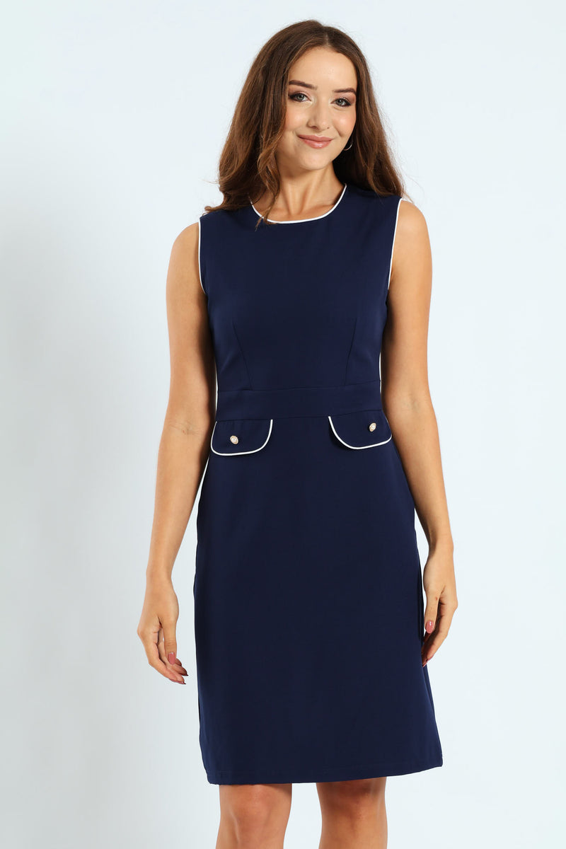 Contrast A-Line Dress - Navy/White
