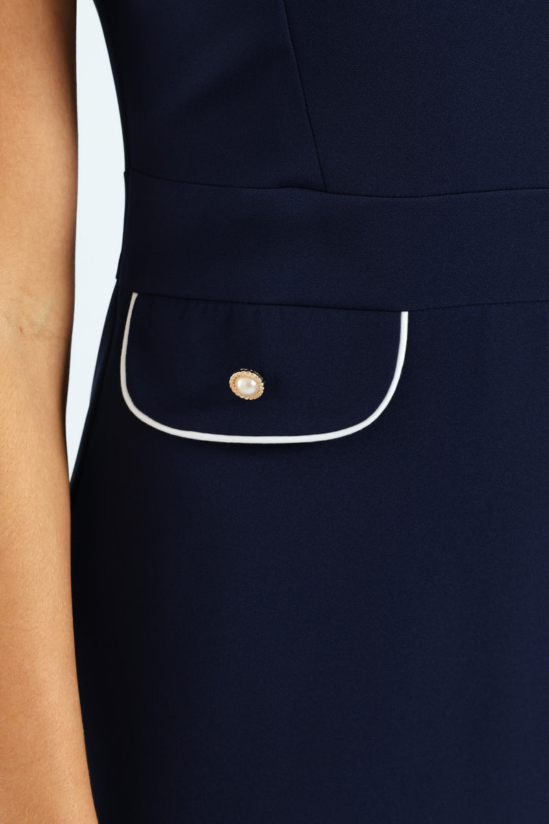 Contrast A-Line Dress - Navy/White