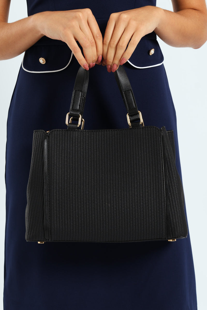 Textured Piping Top Handle Tote Bag - Black