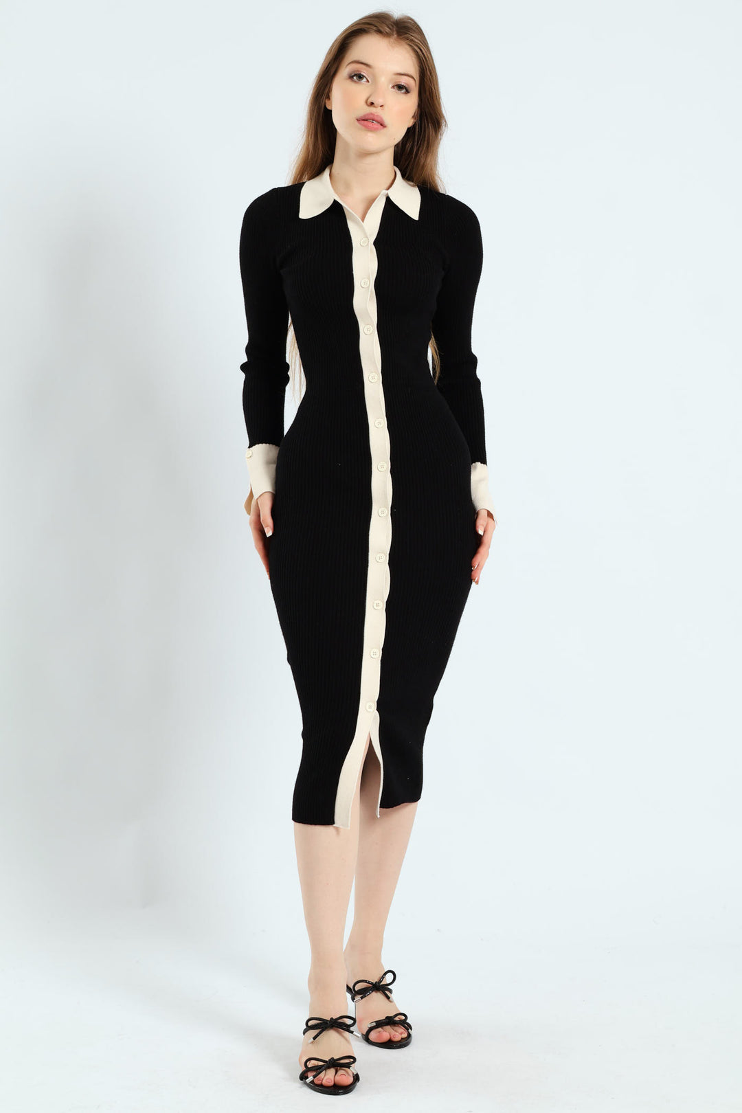 Long Sleeve Bodycon Midi Dress - Black/Cream
