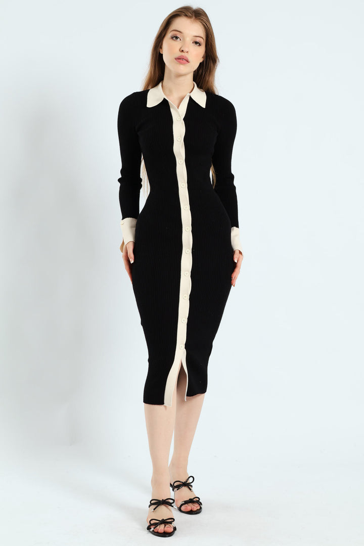 Long Sleeve Bodycon Midi Dress - Black/Cream