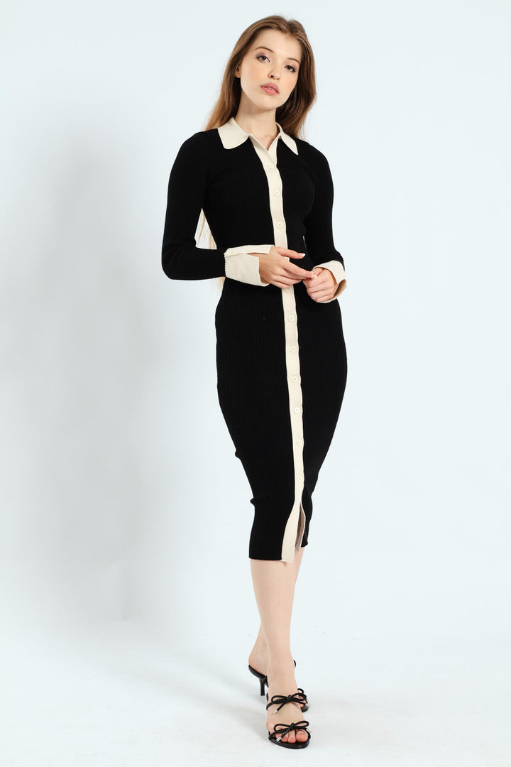 Long Sleeve Bodycon Midi Dress - Black/Cream